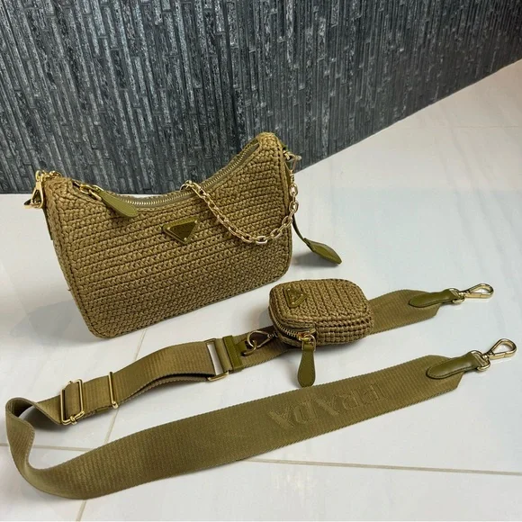🌿Prada Re-Edition 2005 Raffia Crochet Olive Green Crossbody Bag